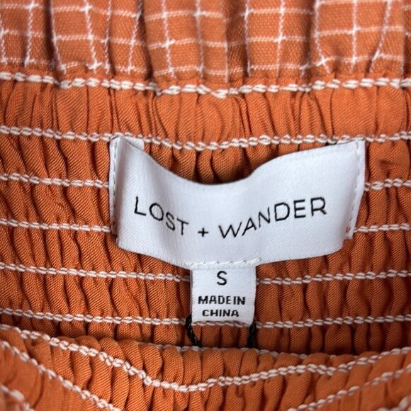 Lost + Wander - Small - Terracotta Grid Dress With Smocked Bodice & Puff Sleeves - Picture 2 of 6